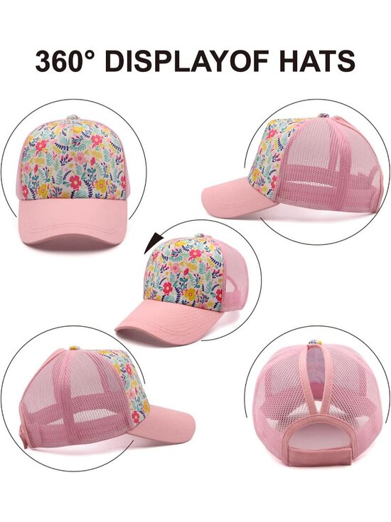 〽️Women Pink Flower High Ponytail Baseball Cap Trucker Bad Hair Day Adjustable main image 4